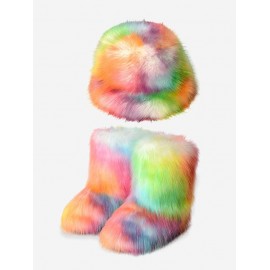 Colorful Rainbow Tie Dye Fluffy Faux Fur Warm Thermal Winter Snow Boots with Bucket Hat